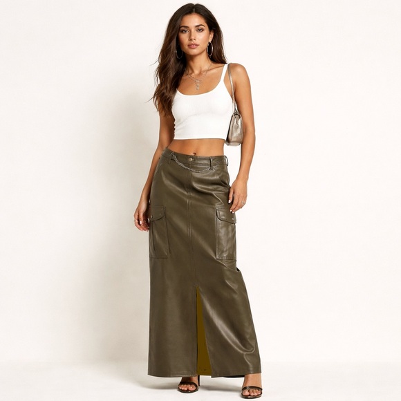 Dex Dresses & Skirts - Y2K Vegan Leather Cargo Maxi Skirt Olive Khaki Utility Statement Sz L